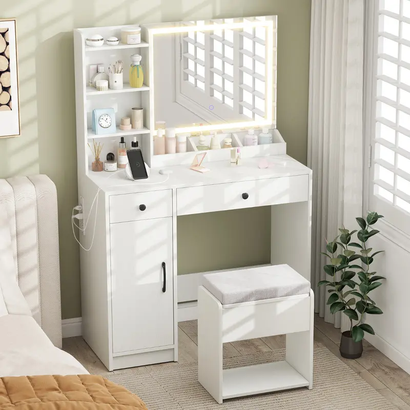 White Vanity Desk With Built-In Led Mirror And Matching Storage Stool 1