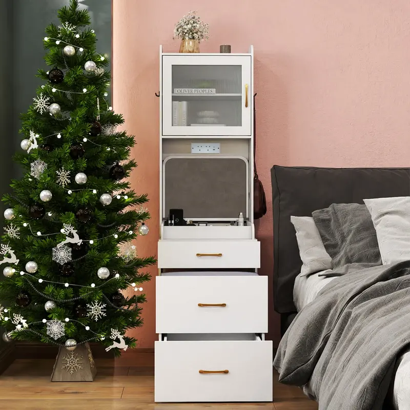 White Vanity Desk With Lift-Up Mirror And Detachable Storage Stool 1