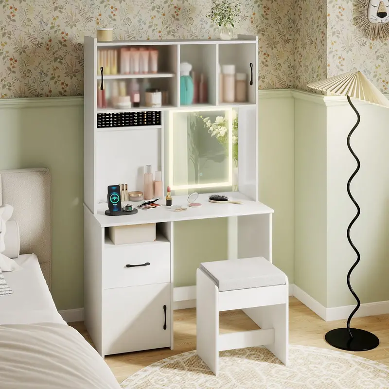 White Vanity Dressing Table With Convenient Power Outlets And Dedicated Jewelry Organizer 1