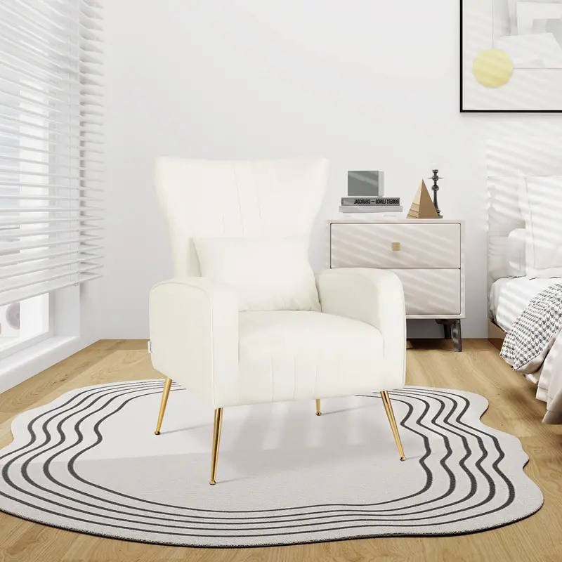 White Velvet Wingback Accent Chair With Lumbar Support Pillow & Gold Metallic Legs 1
