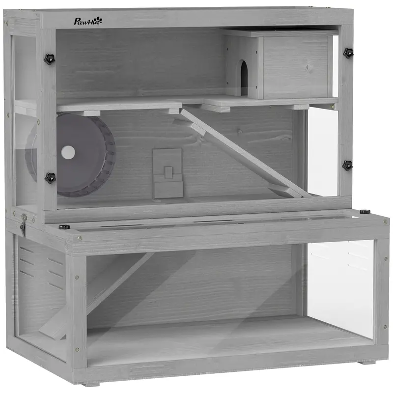 Wooden Hamster Habitat With Play Hut, Exercise Wheel & Ramps – 80X50X84 Cm Grey Enclosure With Removable Viewing Panels 1